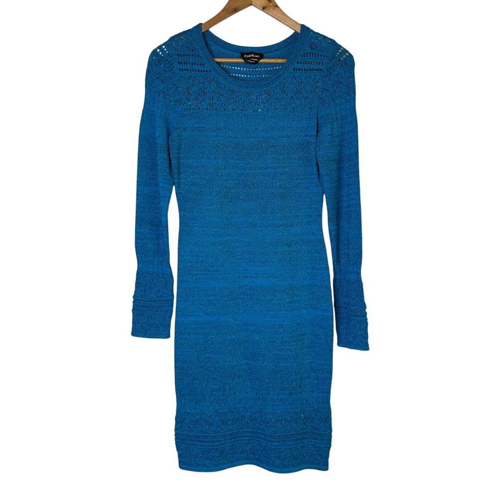 Bebe NWT Dress Size S Luna Crochet Metallic Dark Teal Blue Bodycon Long Sleeve